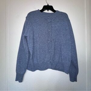 Blue Retro Knit Cardigan Sweater w/ Bow & Button Accents Women's L